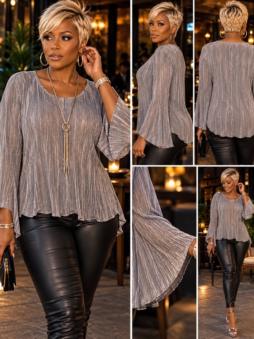 new directions Metallic Gray Pleated Bell-Sleeve Blouse